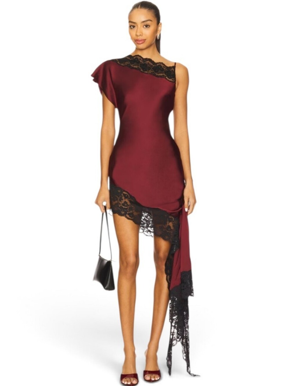 Lovers + Friends Burgundy and Black One-Shoulder Lace-Trim Mini Dress
